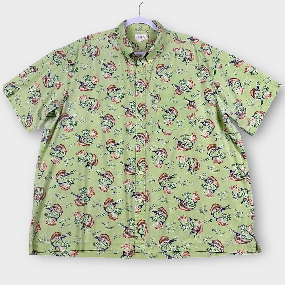 VTG J Crew Shirt‎ Mens XL Green Marlin Fish Print Short Sleeve Cotton Oarsman